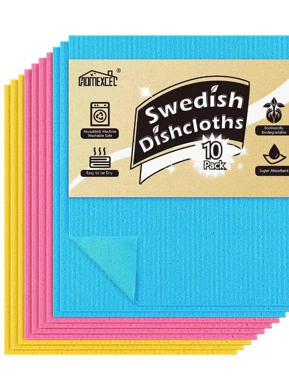 HOMEXCEL Swedish Dishcloths for Kitchen 10 Pack, Sponge Dish Cloth for Counters